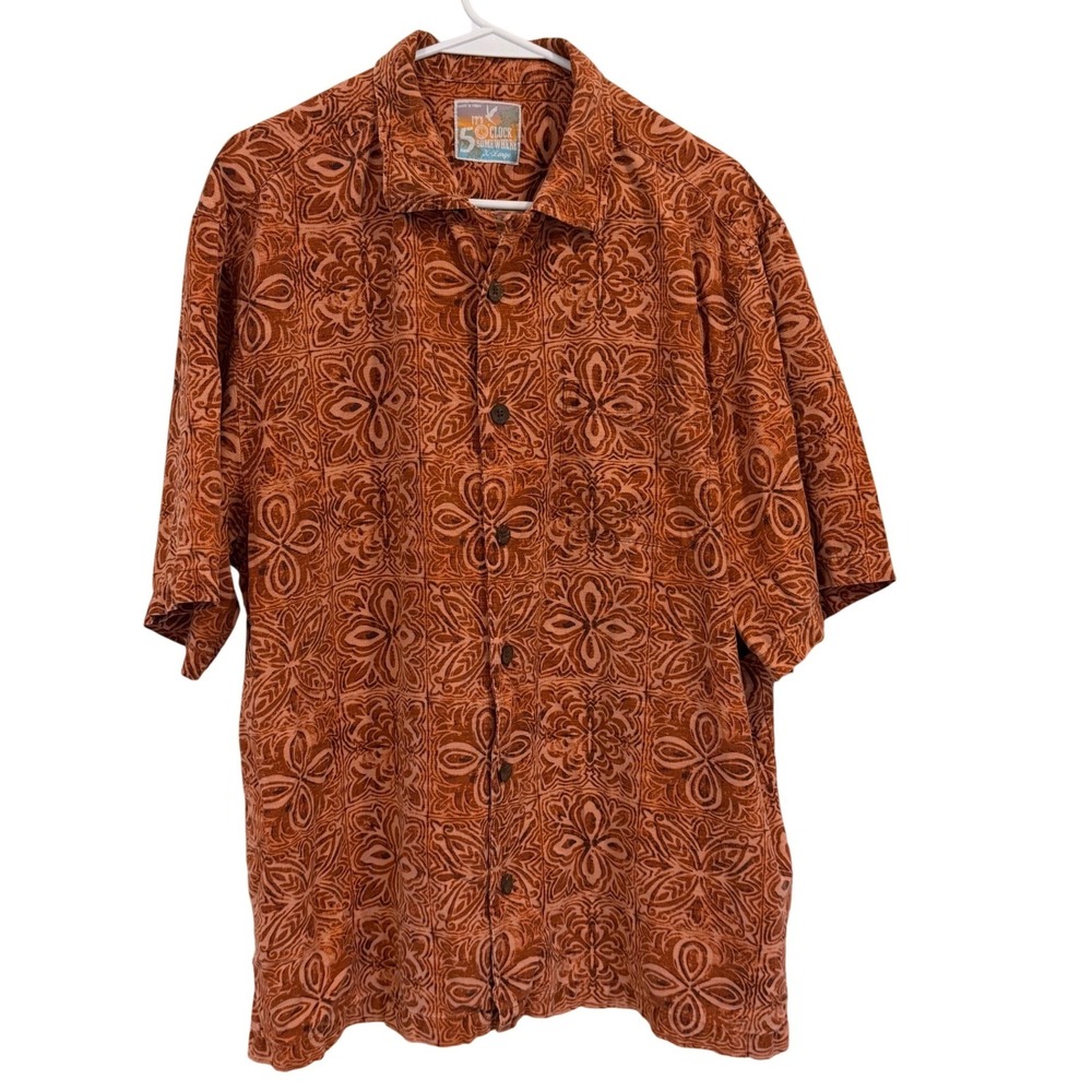 Its 5 O'Clock Somewhere Mens XL Silk Aloha Shirt Orange Floral Hawaiian Print